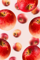 Falling large ripe red apples background. Close-up.