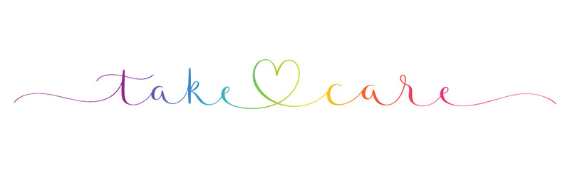 TAKE CARE rainbow-colored vector brush calligraphy banner with swashes