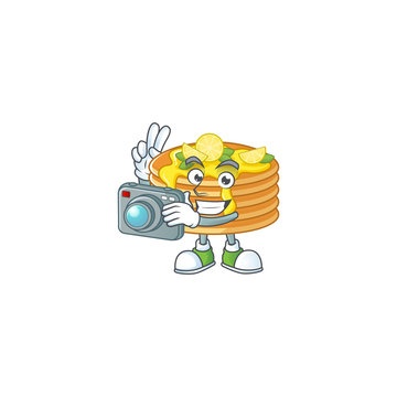 Lemon cream pancake photographer mascot design concept using an expensive camera