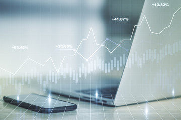 Multi exposure of abstract financial diagram on computer background, banking and accounting concept