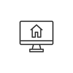 Computer monitor with home line icon. linear style sign for mobile concept and web design. Homepage screen outline vector icon. Symbol, logo illustration. Vector graphics