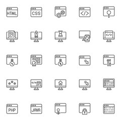 Fototapeta na wymiar Web Development line icons set. SEO linear style symbols collection, outline signs pack. vector graphics. Set includes icons as search engine optimization, website coding, HTML code, JAVA programming