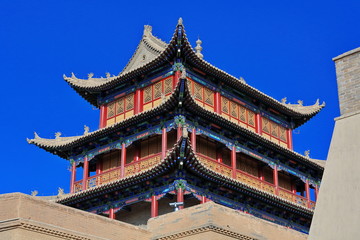 Three-story tower over Rouyuan Men-Conciliation Gate-western gate Jiayuguan fortress-Jiayuguan city-Gansu-China-0759