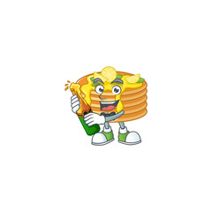Fototapeta premium Mascot cartoon design of lemon cream pancake making toast with a bottle of beer