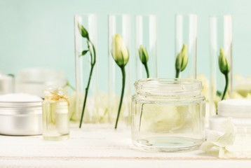 Botanical cosmetics for natural beauty treatment. Glass jars with fresh roses, face and body skincare products, delicate soft blue background. Herbal spa therapy.