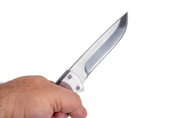 hunting knife in a hand isolated on white background