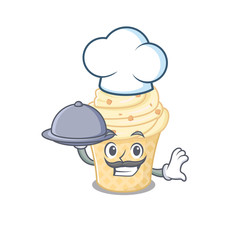 Vanilla ice cream chef cartoon character serving food on tray