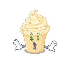Rich cartoon character design of vanilla ice cream with money eyes