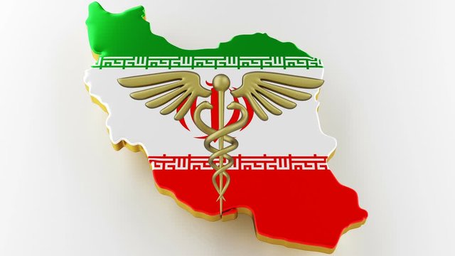 Caduceus sign with snakes on a medical star. Map of Iran land border with flag. Iran map on white background. 3d rendering