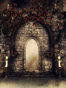 Gothic Stone Wall With Red Rose Ivy And Candles At Night. 3D Render.