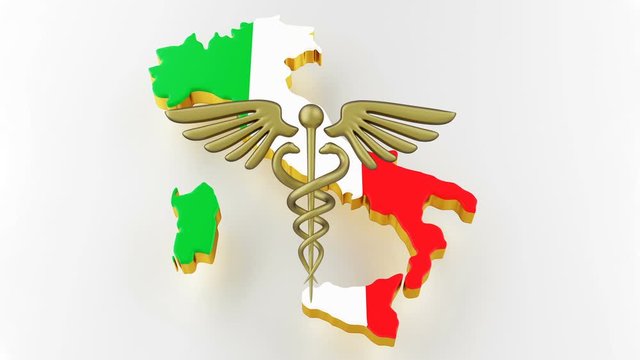 Caduceus sign with snakes on a medical star. Map of Italy land border with flag. Italy map on white background. 3d rendering