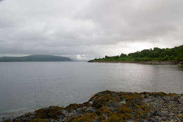 Landscape view of Calgary beach seen from the characteristic rocks in Mull island, one of the main...
