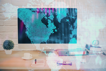 Fototapeta na wymiar Forex graph hologram on table with computer background. Double exposure. Concept of financial markets.