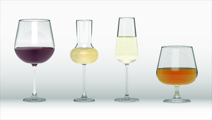 Vector 3D Transparent Red Wine, Liquor, Champagne And Cognac Glasses