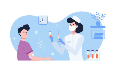 Female doctor in white medical uniform takes blood tests from a patient and holds a syringe and test tube in his hands. Flat vector illustration