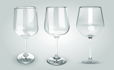 Vector 3D Empty Transparent Wine Glasses Illustration Set