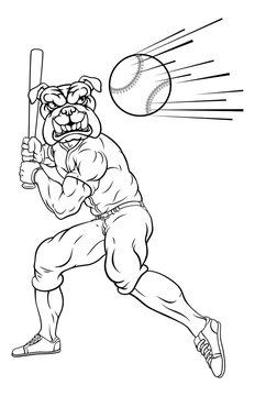 A bulldog baseball player cartoon animal mascot swinging a bat at a fast ball