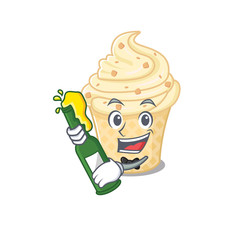 Mascot character design of vanilla ice cream say cheers with bottle of beer