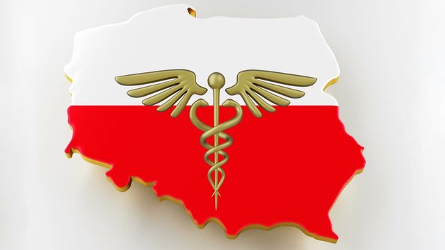 Caduceus sign with snakes on a medical star. Map of Poland land border with flag. Poland map on white background. 3d rendering