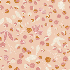 Floral vector seamless pattern with  flowers, leaves and berries. Beautiful hand drawn flowers in  light pastel colors in vintage style.