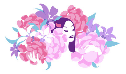 A young woman with flowers around her, vector illustration.