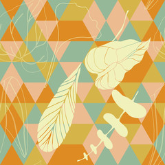 Floral botanical vector seamless pattern with hand drawn tropical  leaves and geometric background in pastel colors.