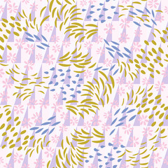 Vector  seamless abstract background with floral and geometric shapes in pastel colors.