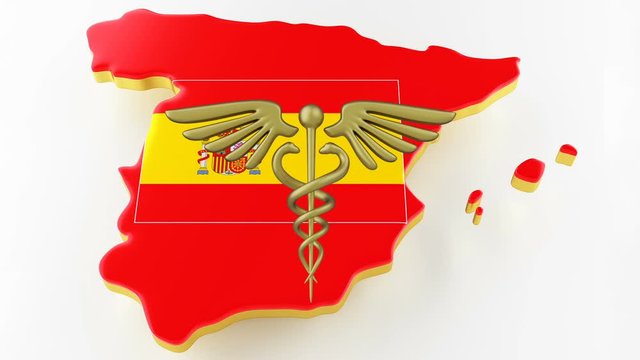 Caduceus sign with snakes on a medical star. Map of Spain land border with flag. Spain map on white background. 3d rendering