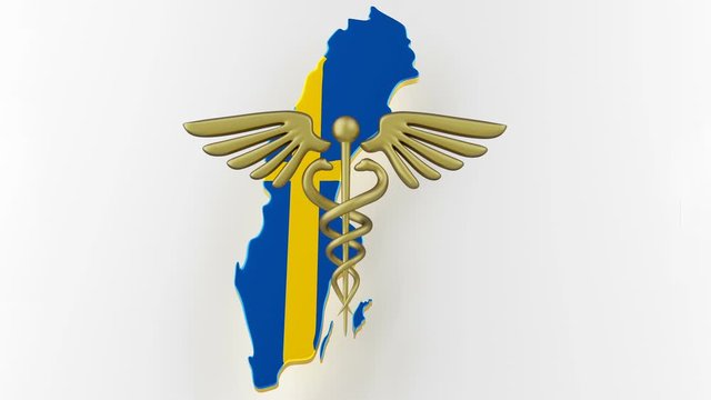Caduceus sign with snakes on a medical star. Map of Sweden land border with flag. Sweden map on white background. 3d rendering