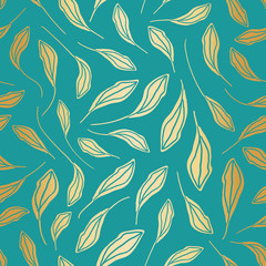 Gold foil leaves seamless vector pattern background. Modern stylish hand drawn foliage metallic backdrop. Elegant teal all over print for luxury spa packaging, Golden Wedding anniversary stationery