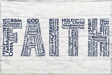 Word faith written with christian words on white wooden background. Christian background