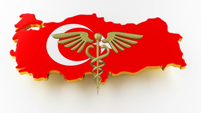 Caduceus sign with snakes on a medical star. Map of Turkey land border with flag. Turkey map on white background. 3d rendering