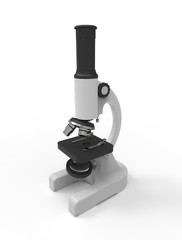 Realistic microscope - 3d Render. Chemistry, pharmaceutical instrument, microbiology magnifying tool. Symbol of science, chemistry and exploration. 