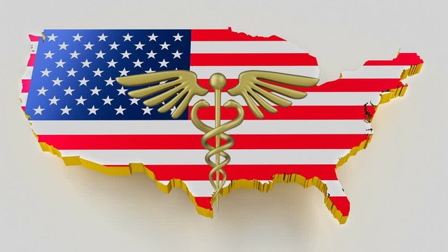 Caduceus sign with snakes on a medical star. Map of USA land border with flag. USA map on white background. 3d rendering