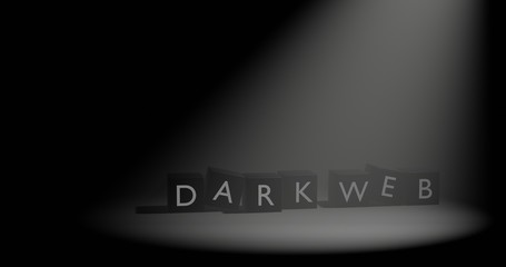 Dark Web letter at cube in dark background with volumetric spotlight effect. 3D illustration with empty space.
