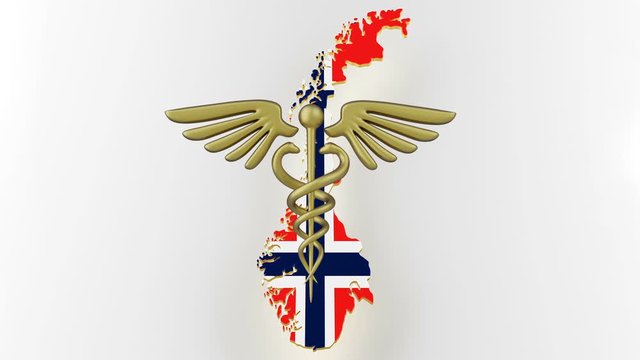 Caduceus sign with snakes on a medical star. Map of Norway land border with flag. Norway map on white background. 3d rendering