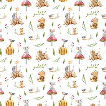 Watercolor hand painted seamless pattern. Cute mouse, snail, hedgehog, pumpkin, mushroom, owl, bird on white background. Perfect for scrapbooking, fabric, wallpaper, kids bed clothing, wrapping paper.