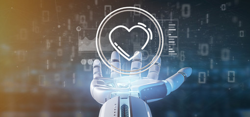Cyborg hand holding a heart icon surrounded by data