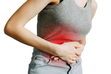 Poisoning and abdominal pain. The zone of injury, the image on a blank background. A spasm in the...