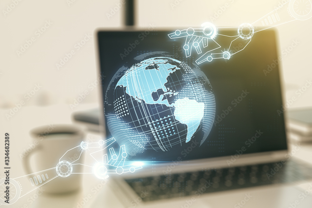 Aufkleber creative abstract robotics technology sketch with globe on modern laptop background, future technolo