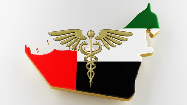 Caduceus sign with snakes on a medical star. Map of UAE land border with flag. UAE map on white background. 3d rendering