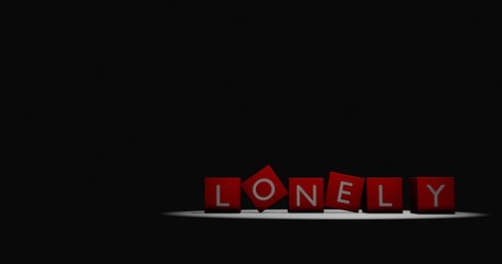 Lonely word at red cube from front view in the spotlight with dark background. 3D illustration text with empty space.