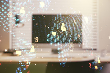 Double exposure of social network icons concept with world map and computer on background. Networking concept