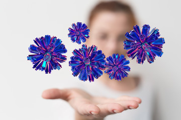 Hologram of coronavirus COVID-2019 on a blue futuristic background. Deadly type of virus 2019-nCoV. 3D models of coronavirus bacteria. Vectonic illustration in HUD style.