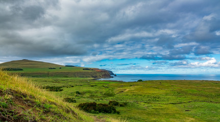 Fototapeta na wymiar Top view of Ahu Tongariki moai platform in the distance