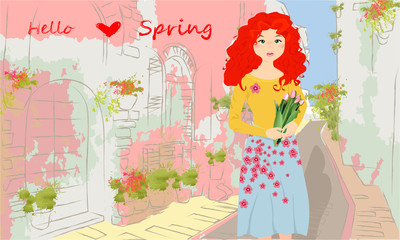 Obraz na płótnie Canvas Hello Spring banner with cute girl with tulips on a street. Buildings, greens and flowers