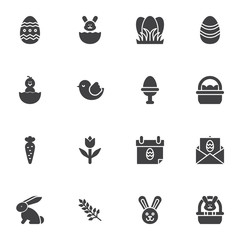 Happy Easter vector icons set, modern solid symbol collection, filled style pictogram pack. Signs, logo illustration. Set includes icons as egg decoration, calendar, rabbit, Easter eggs basket, chick