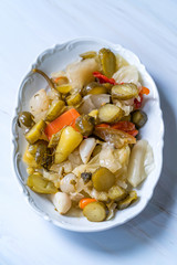 Homemade Mixed Turkish Pickles in Plate. Ready to Eat.