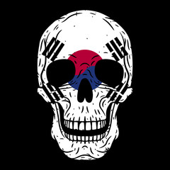 Human skull with South Korea flag isolated on black background.
