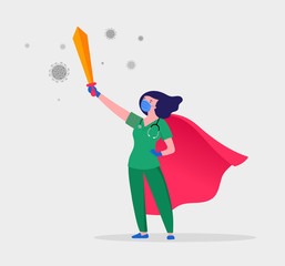 Super doctor and nurse wearing medical masks and capes, superhero couple, vector cartoon illustration © Marina Zlochin
